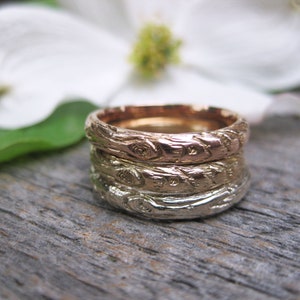 Gold Twig womens band YOUR CHOICE white rose yellow gold woodgrain 14kt 3mm ring Made to Order image 4