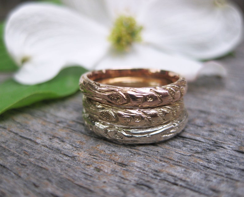 Gold Twig womens band YOUR CHOICE white rose yellow gold woodgrain 14kt 3mm ring Made to Order image 4