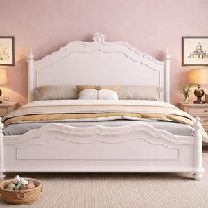 May include: A white, ornate bed frame with a matching headboard is the focal point of a bedroom. Two beige nightstands flank the bed, each topped with a lamp and framed artwork. A woven basket with decorative items sits at the foot of the bed.
