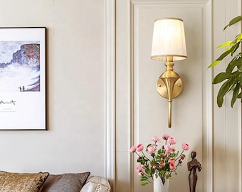 Wall Sconce, Fabric Lamp Shade, Sconce Light with Brass Metal Base
