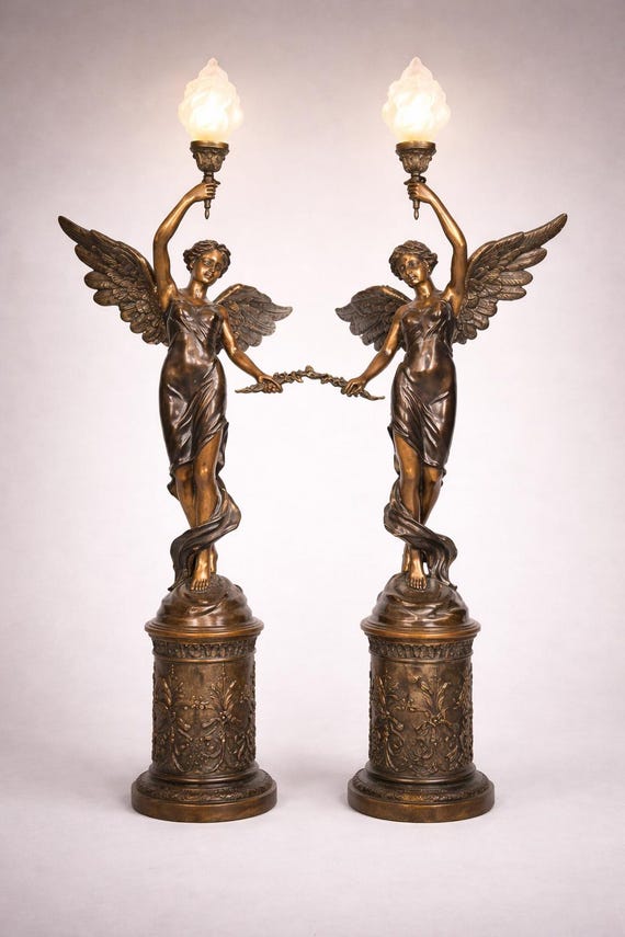 Vintage Brass Statue Lamp, Lady Torch Light, Flame Glass Shade