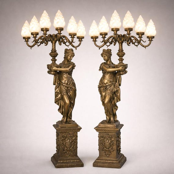 Vintage Brass Statue Lamp, Lady Torch Light, Flame Glass Shade