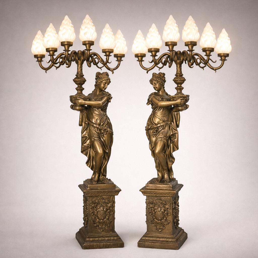 Vintage Brass Statue Lamp, Lady Torch Light, Flame Glass Shade