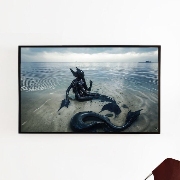 Latex Mermaid On The Beach Blue Coastal Print Mermaid Print Fantasy Sea Wall Art Digital Download Modern Home Decor Latex Art Beach Wall Art