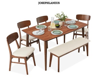 Items Piece Dining Set, Mid-Century Modern Wooden Table, Upholstered Chair Set with Bench Seat and Rubberwood Legs for Kitchen, Dining Room.