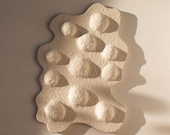 May include: A textured, off-white wall sculpture with a biomorphic shape. The artwork features a series of rounded, raised forms across its surface, creating a tactile and visually interesting design. The piece is mounted on a neutral-toned wall.