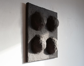 Wabi Sabi Abstract Wall Art. Textured 3d wall sculpture made of plaster and paper mache. Organic Japandi home decor. Dark black relief, boho