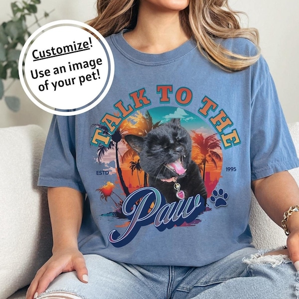 Personalized Cat Image Shirt; 90s Inspired Tee; Sunset Beach T-Shirt; Retro Style Cat Tshirt; Nostalgic 90s Clothing; Gift for Pet Owner