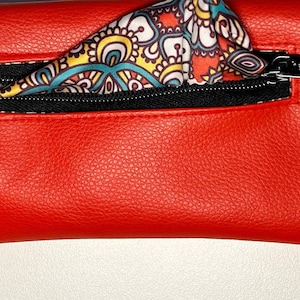 May include: Red leather glasses case with a black zipper and a patterned fabric lining. The case has a zipper pull with the text "Carry-All" on it.