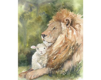 The Lion and Lamb Watercolor Print by Amy Woods, Peaceable Kingdom