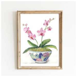 Orchid in Tobacco Leaf Chinoiserie Bowl Watercolor Printable Art, Digital Prints/ Art/ Wall Decor