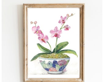Orchid in Tobacco Leaf Chinoiserie Bowl Watercolor Printable Art, Digital Prints/ Art/ Wall Decor