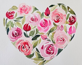 Pink and Red Rose Filled Heart Original Watercolor Painting 8x11 inches