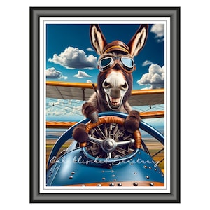 Puede incluir: Un burro de dibujos animados con gafas de aviador y una gorra de piloto está volando un biplano vintage. El burro sonríe y sostiene el volante. El avión es azul y amarillo con una hélice en la parte delantera.