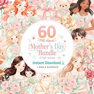 Mother’s Day Clipart PNG, Mom and Kids Clipart, Diverse Women, Watercolor Family, Floral Frames, Baby Shower, Instant Download