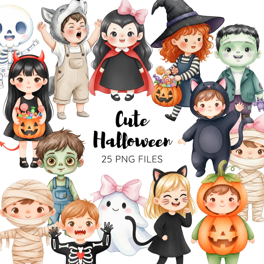 Cute Halloween Clipart PNG | Watercolor Kids Costumes | Kawaii Trick or ...
