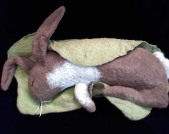 Primitive Bunny Sleeping  in Lettuce Leaf Blanket