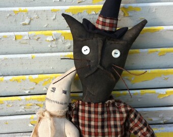 Primitive Halloween Witch Cat Miss Scaredy and her Pet Boo