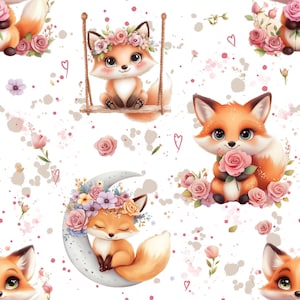 Puede incluir: Patrón repetitivo con adorables zorros de dibujos animados adornados con coronas florales, rosas y corazones sobre un fondo blanco. Un zorro está en un columpio, otro sostiene rosas y un tercero está en una luna creciente. Diseño de cuento de hadas.