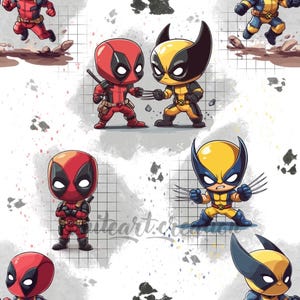 Könnte beinhalten: Eine digitale Illustration von Deadpool und Wolverine im Comic-Stil. Deadpool trägt seinen charakteristischen rot-schwarzen Anzug mit Maske, während Wolverine sein gelb-blaues Kostüm mit Krallen trägt. Die Figuren befinden sich in Kampfpose, Deadpool hält ein Katana und Wolverine hält seine Krallen heraus.