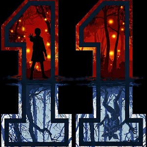 Könnte beinhalten: Grafikdesign mit der Zahl 11 in dunkler blauer Umrandung. Die obere Hälfte zeigt eine Silhouette einer Person in einem Wald mit leuchtenden Lichtern. Die untere Hälfte zeigt ein Monster in einer Waldkulisse.