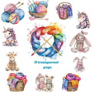 Knit Clipart,Watercolor Knitting Clip Art,Crochet Graphics, Colorful Balls of Wool illustrations, Yarn Png, Crochet Needle, Knitting Animals