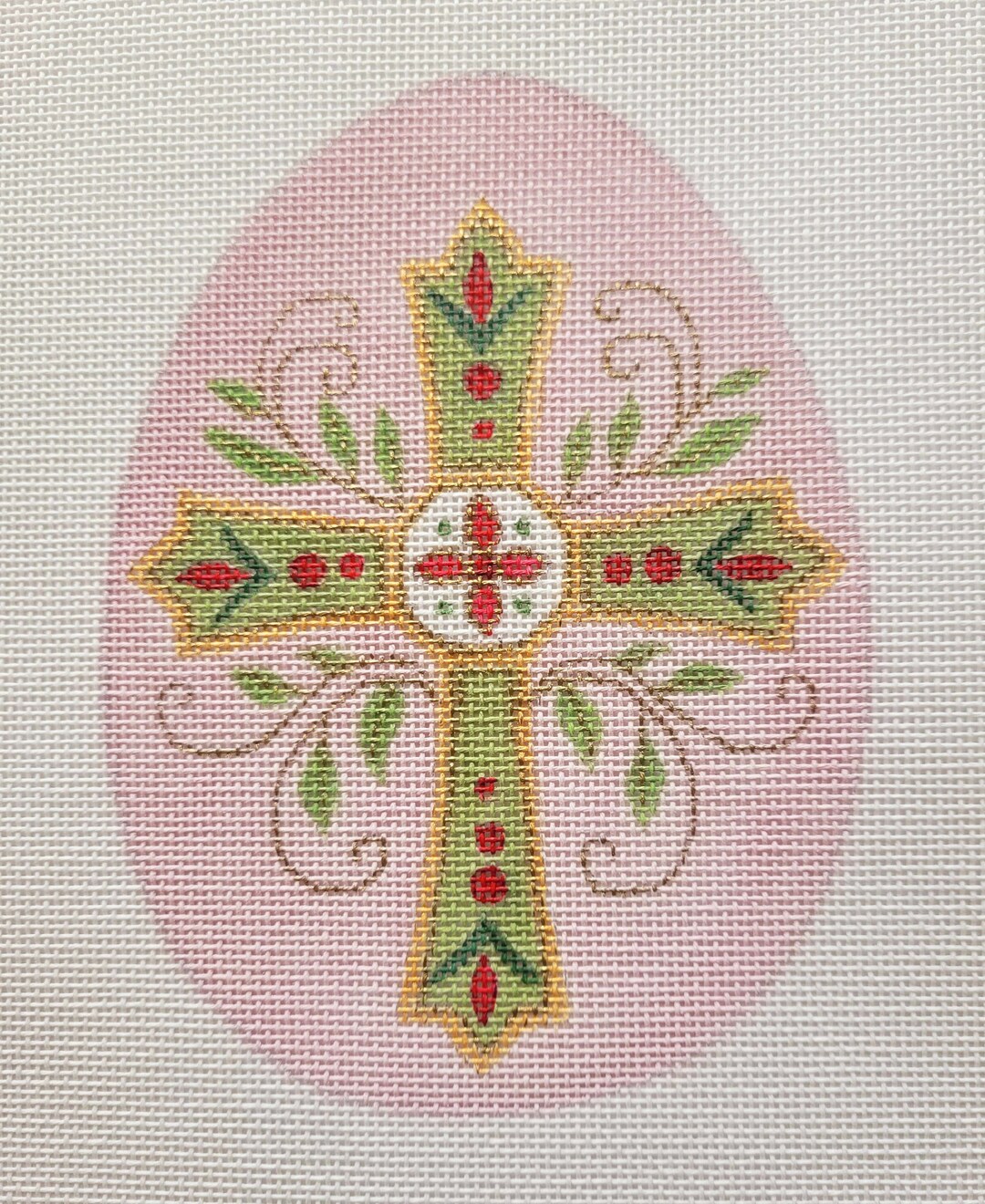 Needlepoint Canvas Handpainted 6" X 4.5" Green Leaf Cross and Pink Bkgd ...