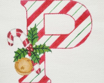 Needlepoint Canvas Handpainted 5"X 5"   Christmas Letter "P" on 18ct.