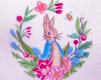 Needlepoint Canvas Handpainted 6" Peter Rabbit, Flowers and Bumblebee on 18ct.