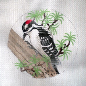Needlepoint Canvas Handpainted 4" Snowy Woodpecker on 18ct.