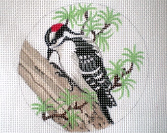 Needlepoint Canvas Handpainted 4" Snowy Woodpecker on 18ct.