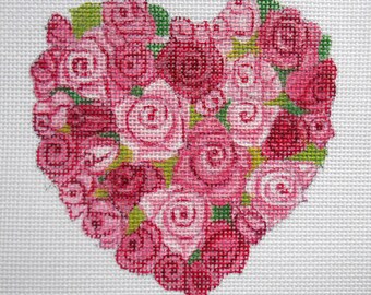 Handpainted  Needlepoint canvas 4" Valentine Rose Heart on 18ct.