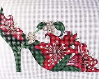 Needlepoint Canvas Handpainted Christmas Lily Slipper 18ct.