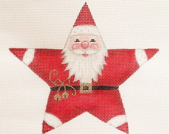 Needlepoint Canvas Handpainted 5" Red Star Santa with Gold Bells on 18ct.