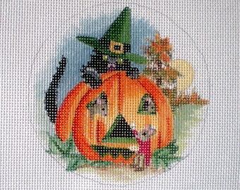 Needlepoint Canvas Handpainted 4" Pumpkin,Mice and Cat on 18ct.