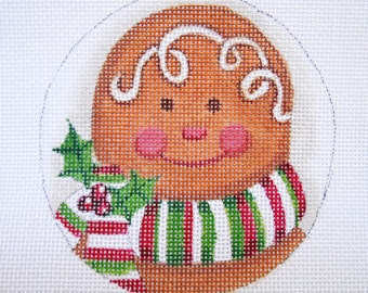 Needlepoint Canvas Handpainted 4" Joyful Gingerbread on 18ct.