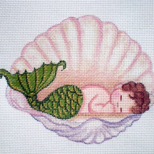 Needlepoint Canvas Handpainted 4" X 5" Baby Mermaid in Shell on 18ct.