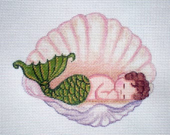 Needlepoint Canvas Handpainted 4" X 5" Baby Mermaid in Shell on 18ct.