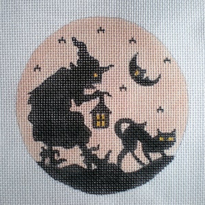 Needlepoint Canvas Handpainted 4&quot; Witch and Cat on 18ct.