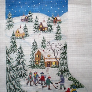 Needlepoint Canvas Handpainted &quot;Christmas Hockey Game&quot; Stocking on 14ct.