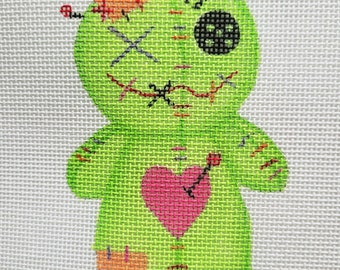 Handpainted Needlepoint Canvas 4" X 2.5" Voodoo Halloween Doll on 18ct.