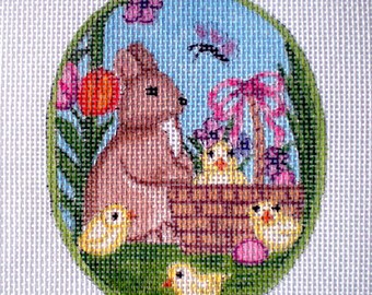 Needlepoint Canvas Handpainted 4" Oval Bunny, Basket and Chicks on 18ct.