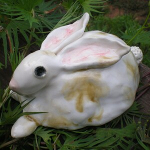 Hand sculpted Lt Brown And White Clay Garden Bunny