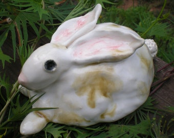 Hand sculpted Lt Brown And White Clay Garden Bunny