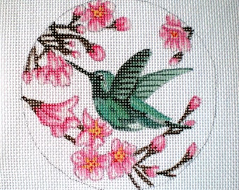 Needlepoint Canvas Handpainted 4" Hummingbird and Flowers on 18ct.