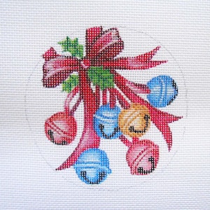 Handpainted Needlepoint Canvas 4&quot; Jingle Bells and Ribbon on 18ct.
