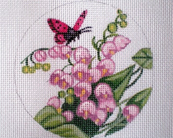 Needlepoint Canvas Handpainted 4" Pink Lily of the Valley on 18ct.