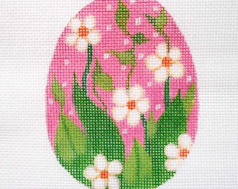 Needlepoint Canvas Handpainted 4" X 3"  White Flowers and Pink Bkgd Egg on 18ct.