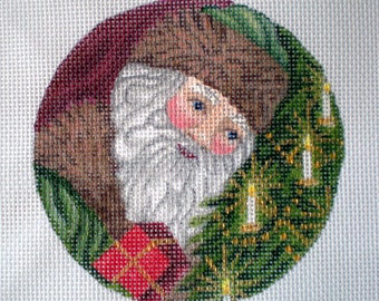 Needlepoint Canvas Handpainted 4" Santa with Brown Fur Trim and a Red Present on 18ct.