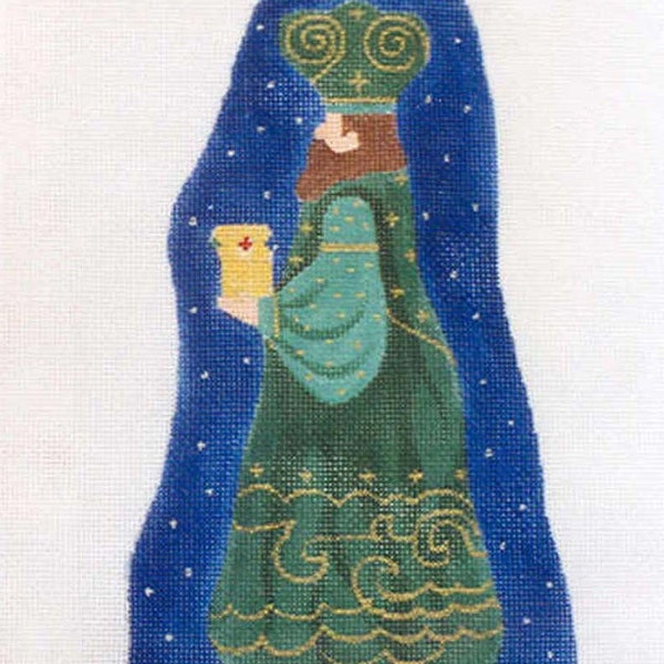 Needlepoint Canvas Hand painted Green Robed Wise Man Nativity on 18ct.